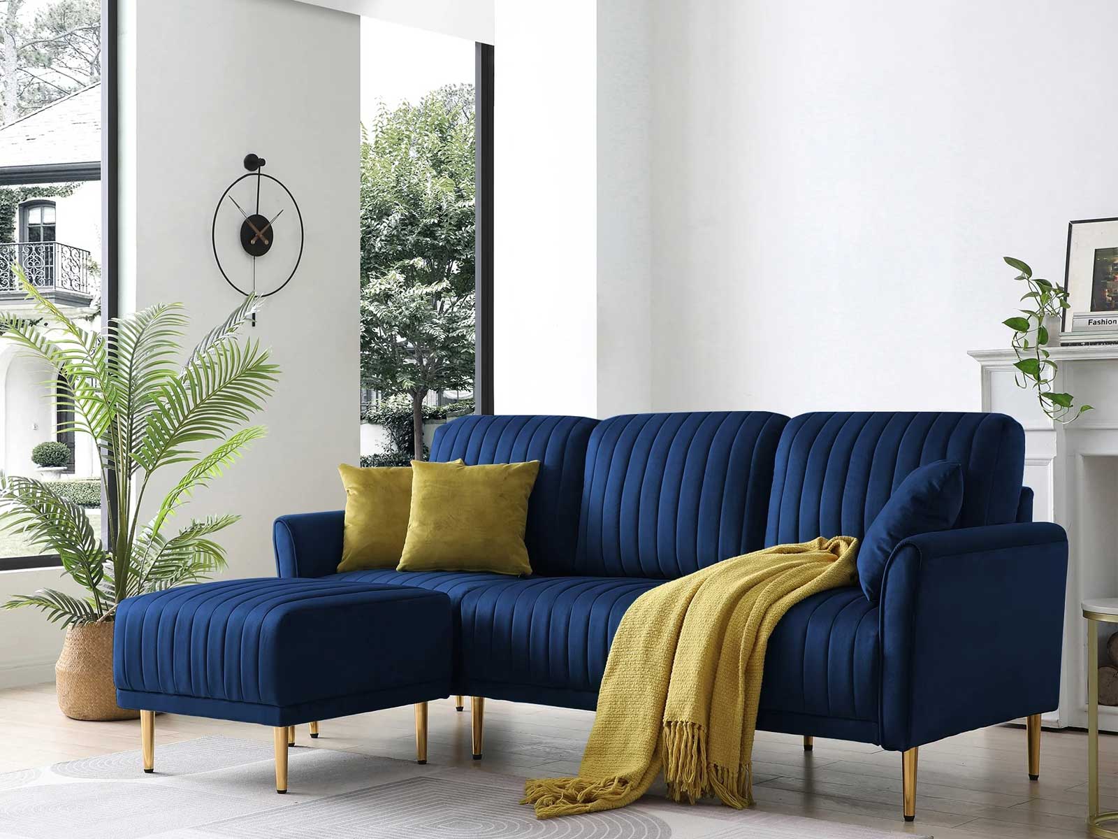 Navy on sale suede sofa